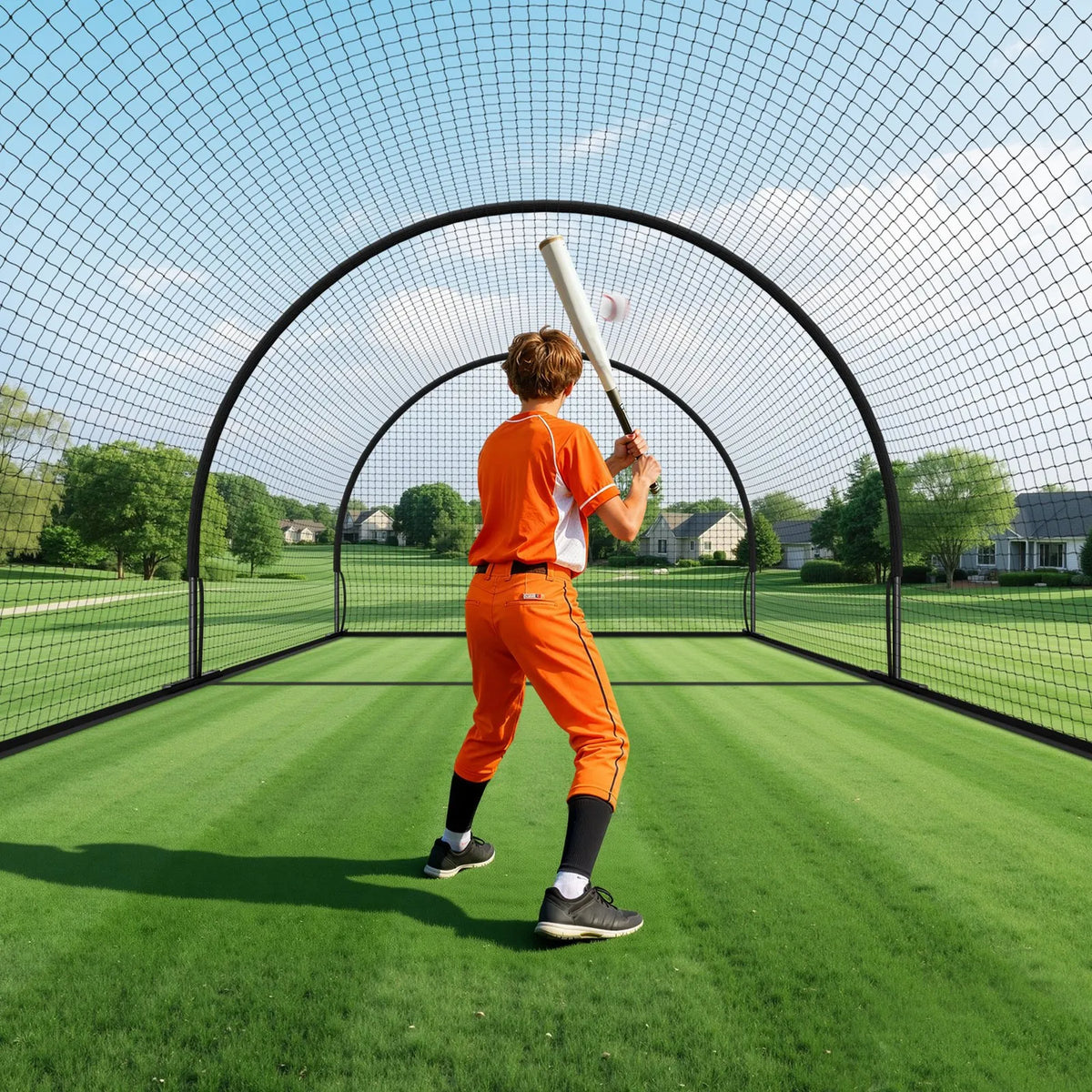 VEVOR beisbola sitienu būris 6,06 × 3,66 × 2,5 m ar 30 slāņu HDPE tīklu un atveri metiena mašīnai