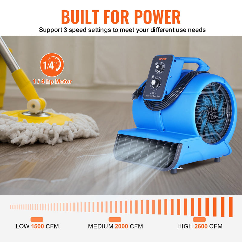 VEVOR grīdas ventilators, 1250 apgr./min, 4419 m³/h gaisa plūsma, ar 4 pūšanas leņķiem un 3 ātrumiem