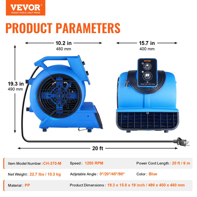 VEVOR grīdas ventilators, 1250 apgr./min, 4419 m³/h gaisa plūsma, ar 4 pūšanas leņķiem un 3 ātrumiem