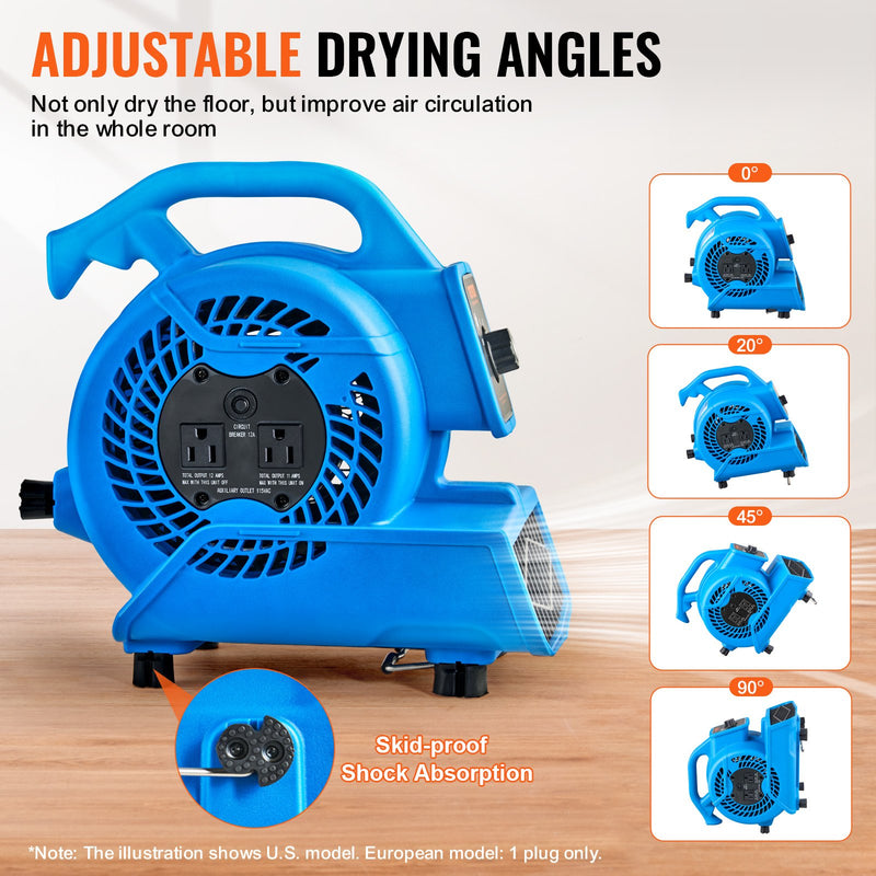 VEVOR grīdas ventilators, 1360 apgr./min, 1020 m³/h gaisa plūsma, ar 4 pūšanas leņķiem un 3 ātrumiem
