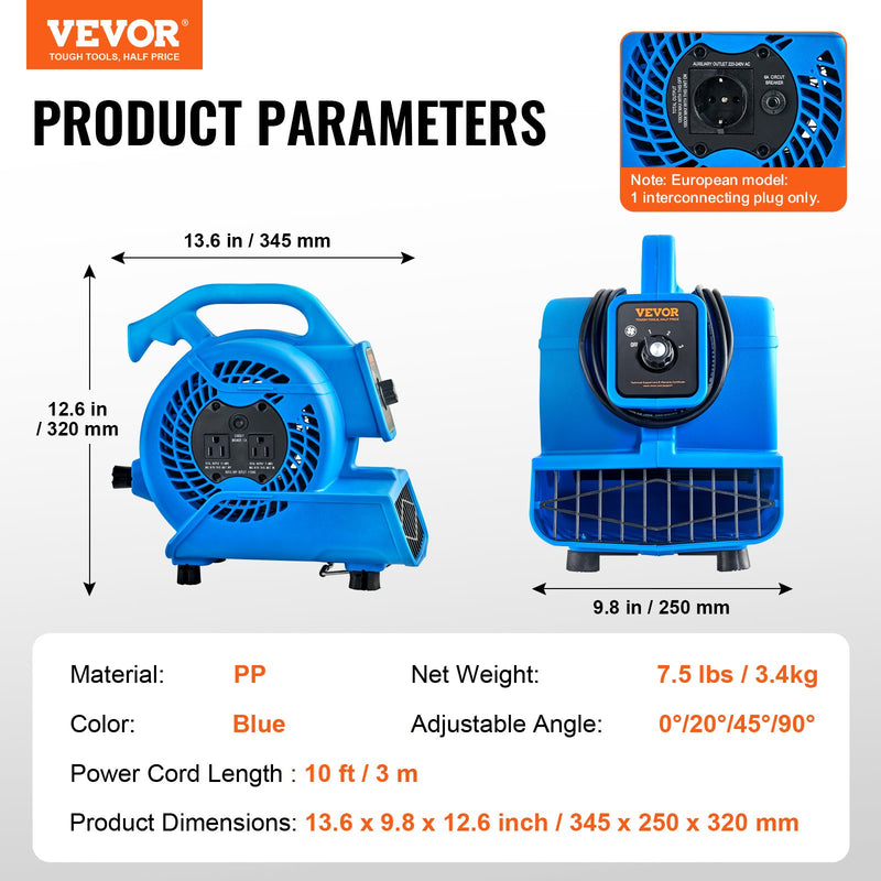 VEVOR grīdas ventilators, 1360 apgr./min, 1020 m³/h gaisa plūsma, ar 4 pūšanas leņķiem un 3 ātrumiem