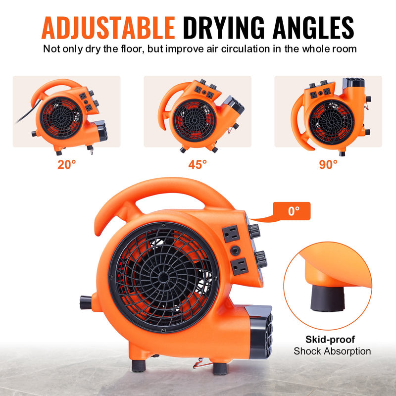 VEVOR grīdas ventilators, 1380 apgr./min, 1700 m³/h gaisa plūsma, ar 4 pūšanas leņķiem un 3 ātrumiem