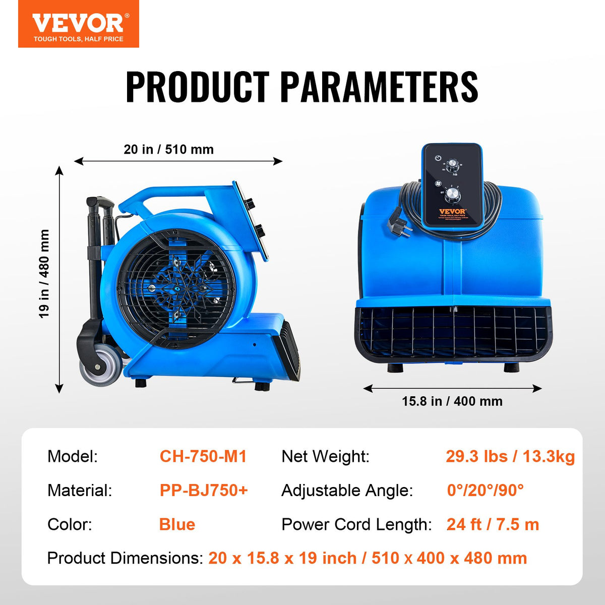 VEVOR grīdas ventilaatorid, 1400 apgr./min, 6800 m³/h gaisa plūsma, ar 3 pūšanas leņķiem un 3 ātrumiem