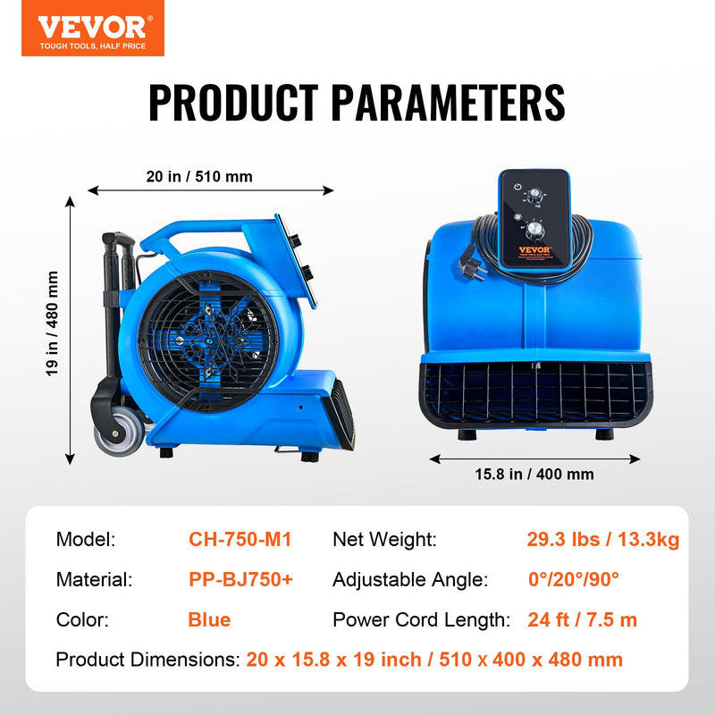 VEVOR grīdas ventilators, 1400 apgr./min, 6800 m³/h gaisa plūsma, ar 3 pūšanas leņķiem un 3 ātrumiem