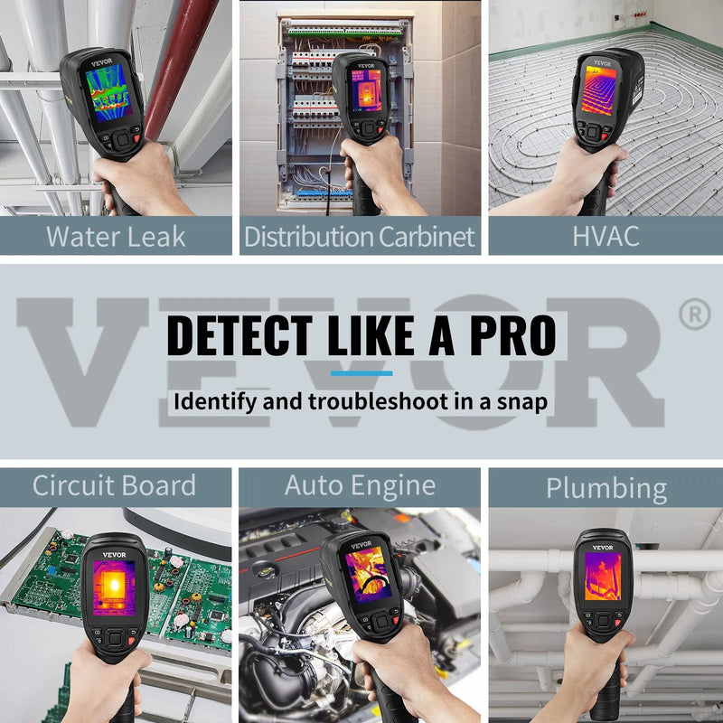 VEVOR termokamera 320 × 240 px ar 2 MP vizuālo kameru, 25 Hz atsvaidzes ātrumu, –20 °C līdz 550 °C temperatūras diapazonu, 64 GB SD karti un uzlādējamu Li-ion akumulatoru