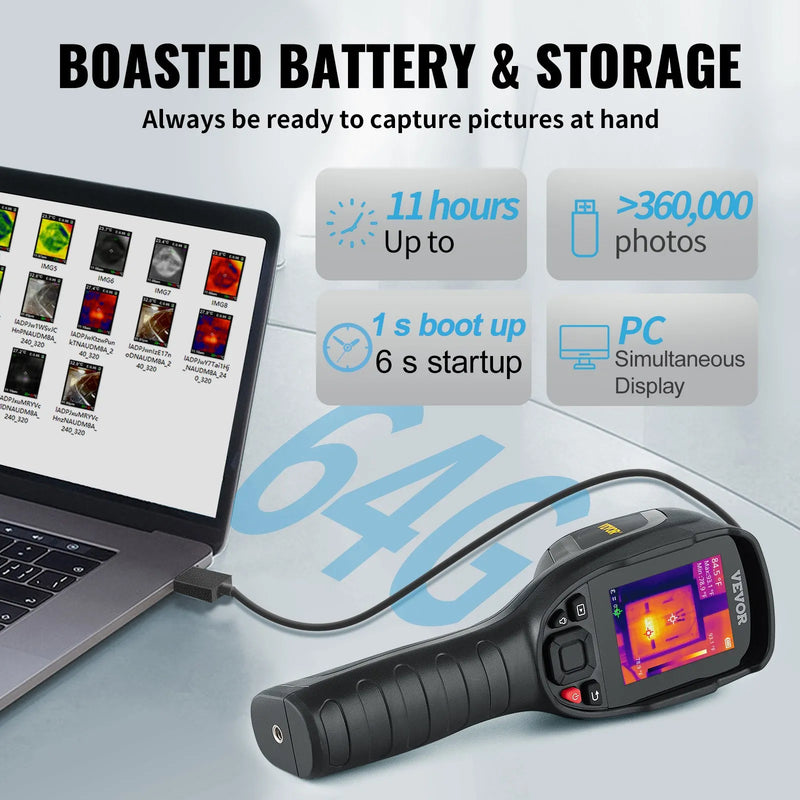 VEVOR termokamera 320 × 240 px ar 2 MP vizuālo kameru, 25 Hz atsvaidzes ātrumu, –20 °C līdz 550 °C temperatūras diapazonu, 64 GB SD karti un uzlādējamu Li-ion akumulatoru