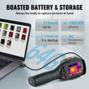 VEVOR termokamera 320 × 240 px ar 2 MP vizuālo kameru, 25 Hz atsvaidzes ātrumu, –20 °C līdz 550 °C temperatūras diapazonu, 64 GB SD karti un uzlādējamu Li-ion akumulatoru