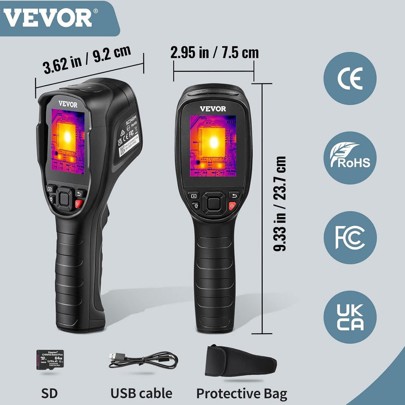 VEVOR termokamera 320 × 240 px ar 2 MP vizuālo kameru, 25 Hz atsvaidzes ātrumu, –20 °C līdz 550 °C temperatūras diapazonu, 64 GB SD karti un uzlādējamu Li-ion akumulatoru