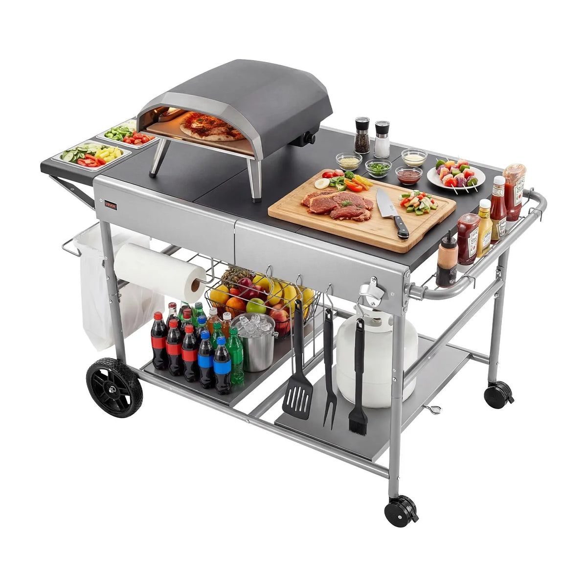 VEVOR Outdoor Grill Table on Wheels, 925 × 595 × 25 mm Work Surface, Movable Outdoor Prep Table with 4 Seasoning Containers, Lids, Hooks and Wheels, BBQ Preparation for Picnic, Kitchen and Patio