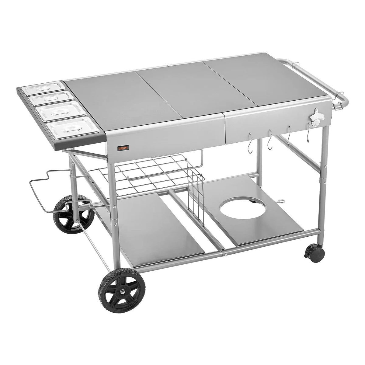 VEVOR Outdoor Grill Table on Wheels, 925 × 595 × 25 mm Work Surface, Movable Outdoor Prep Table with 4 Seasoning Containers, Lids, Hooks and Wheels, BBQ Preparation for Picnic, Kitchen and Patio