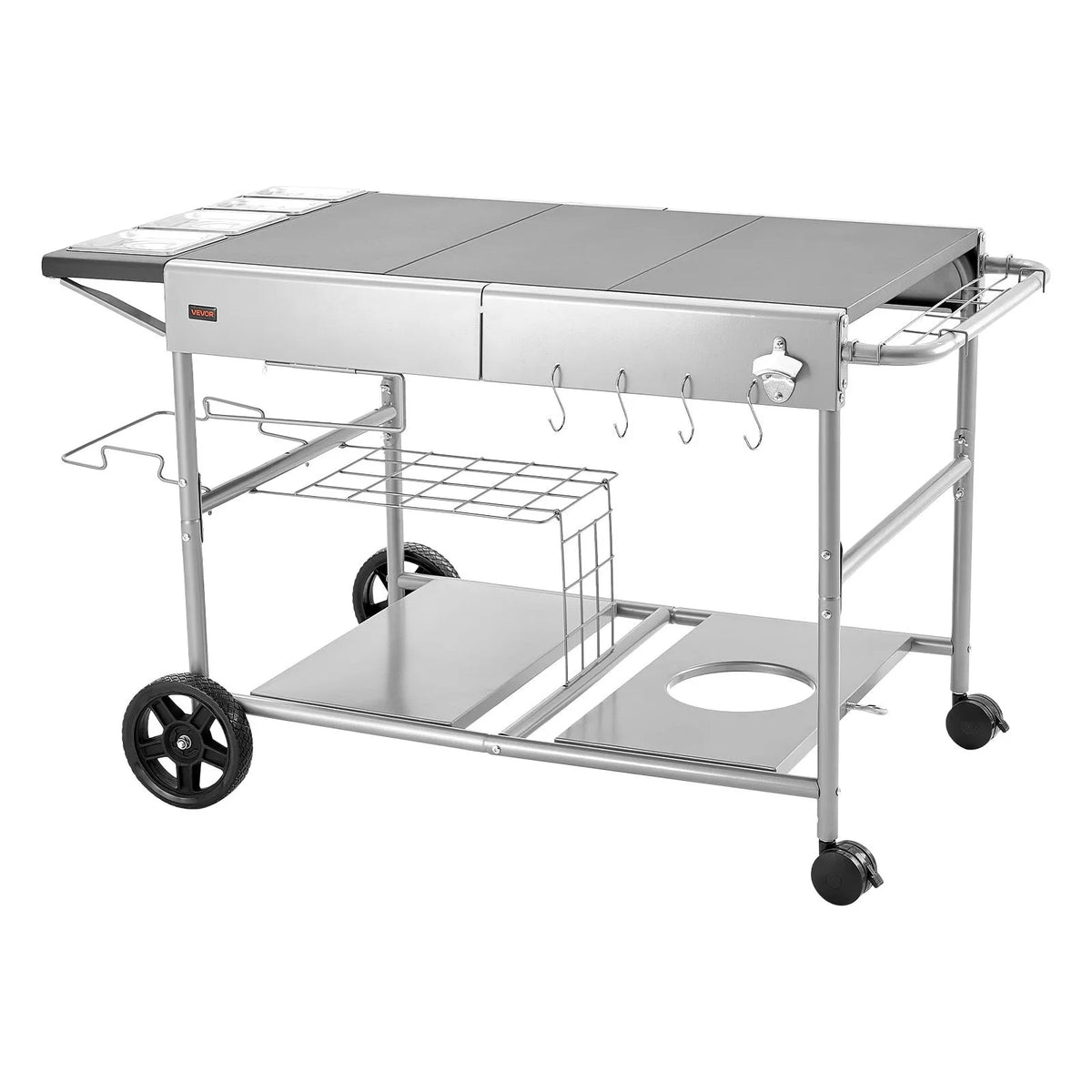 VEVOR Outdoor Grill Table on Wheels, 925 × 595 × 25 mm Work Surface, Movable Outdoor Prep Table with 4 Seasoning Containers, Lids, Hooks and Wheels, BBQ Preparation for Picnic, Kitchen and Patio