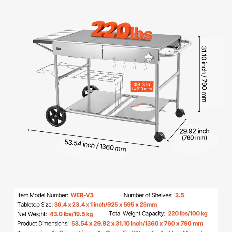 VEVOR āra grila galds uz riteņiem, 925 × 595 × 25 mm darba virsma, pārvietojams āra gatavošanas galds ar 4 garšvielu traukiem, vākiem, āķiem un riteņiem, BBQ sagatavošanai piknikam, virtuvei un pagalmam