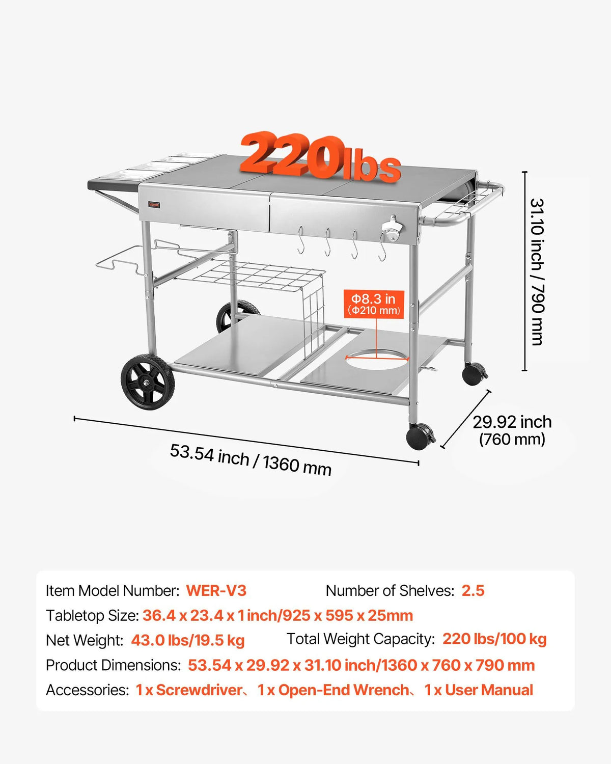 VEVOR Outdoor Grill Table on Wheels, 925 × 595 × 25 mm Work Surface, Movable Outdoor Prep Table with 4 Seasoning Containers, Lids, Hooks and Wheels, BBQ Preparation for Picnic, Kitchen and Patio