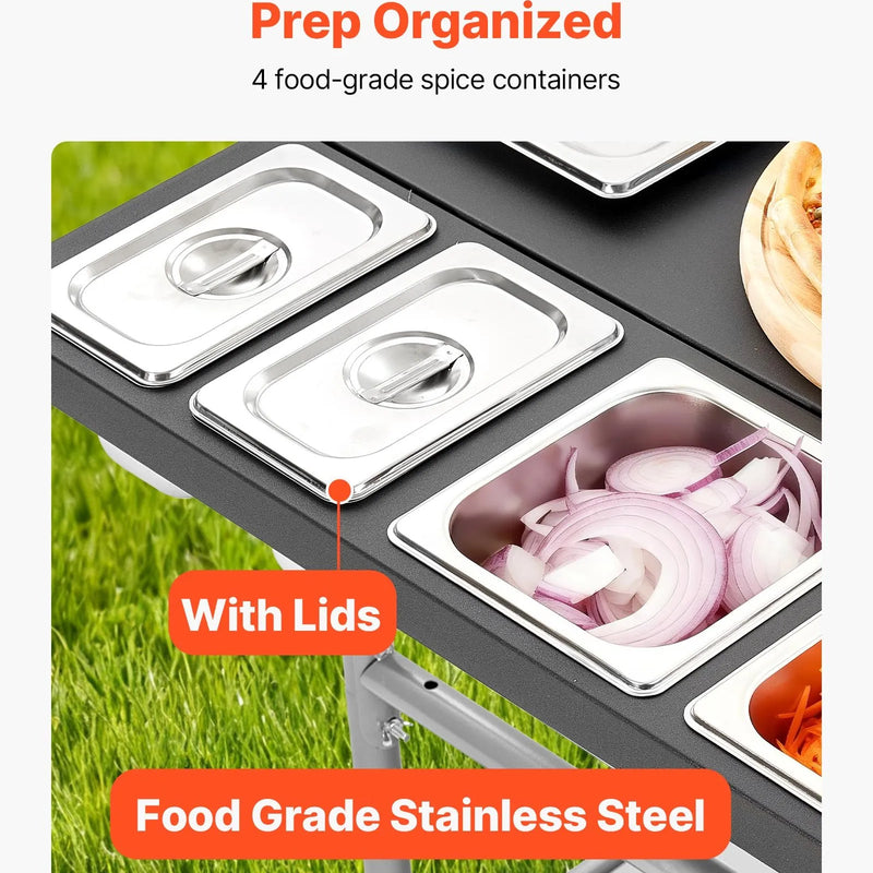 VEVOR āra grila galds uz riteņiem, 925 × 595 × 25 mm darba virsma, pārvietojams āra gatavošanas galds ar 4 garšvielu traukiem, vākiem, āķiem un riteņiem, BBQ sagatavošanai piknikam, virtuvei un pagalmam