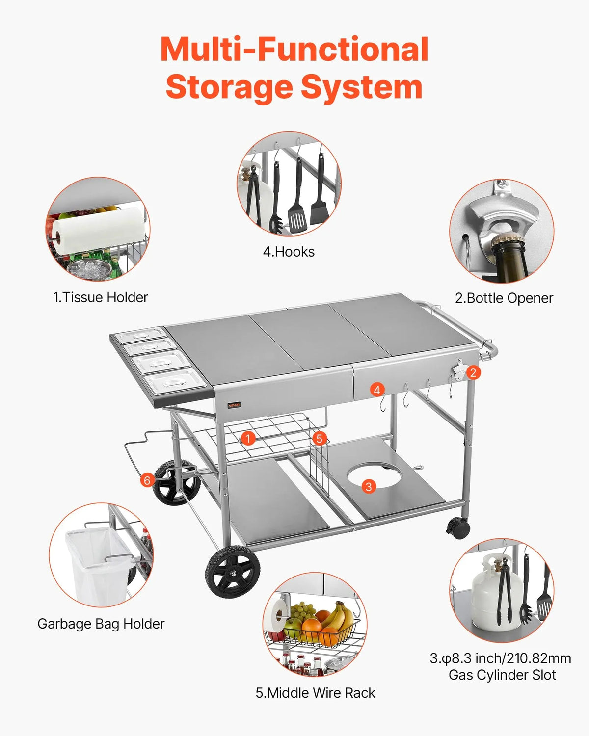 VEVOR Outdoor Grill Table on Wheels, 925 × 595 × 25 mm Work Surface, Movable Outdoor Prep Table with 4 Seasoning Containers, Lids, Hooks and Wheels, BBQ Preparation for Picnic, Kitchen and Patio
