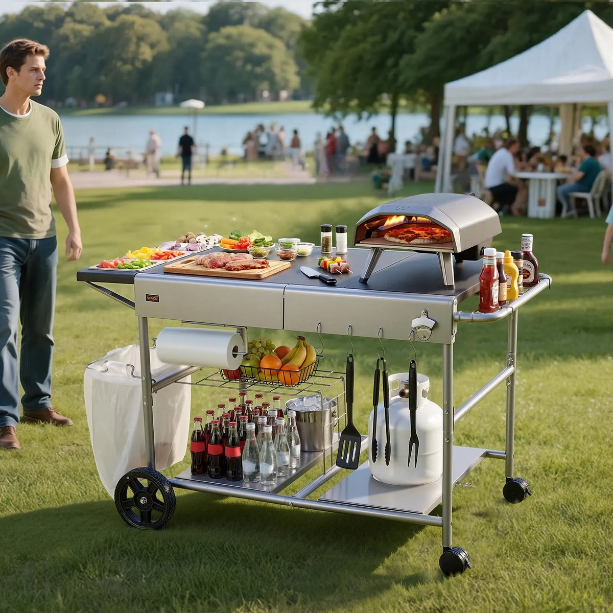 VEVOR Outdoor Grill Table on Wheels, 925 × 595 × 25 mm Work Surface, Movable Outdoor Prep Table with 4 Seasoning Containers, Lids, Hooks and Wheels, BBQ Preparation for Picnic, Kitchen and Patio