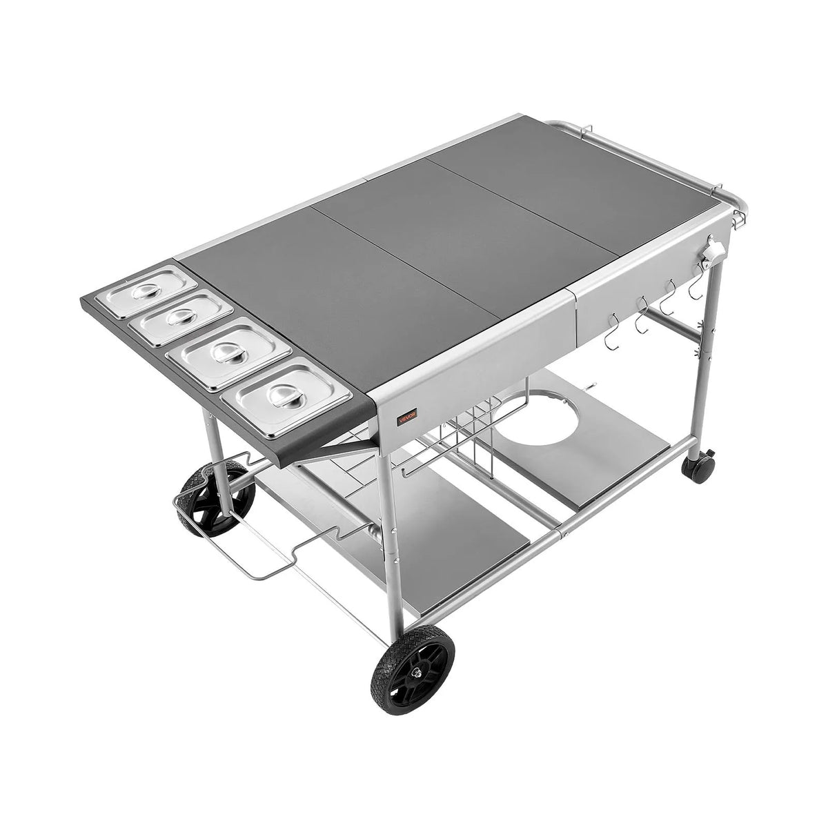 VEVOR Outdoor Grill Table on Wheels, 925 × 595 × 25 mm Work Surface, Movable Outdoor Prep Table with 4 Seasoning Containers, Lids, Hooks and Wheels, BBQ Preparation for Picnic, Kitchen and Patio