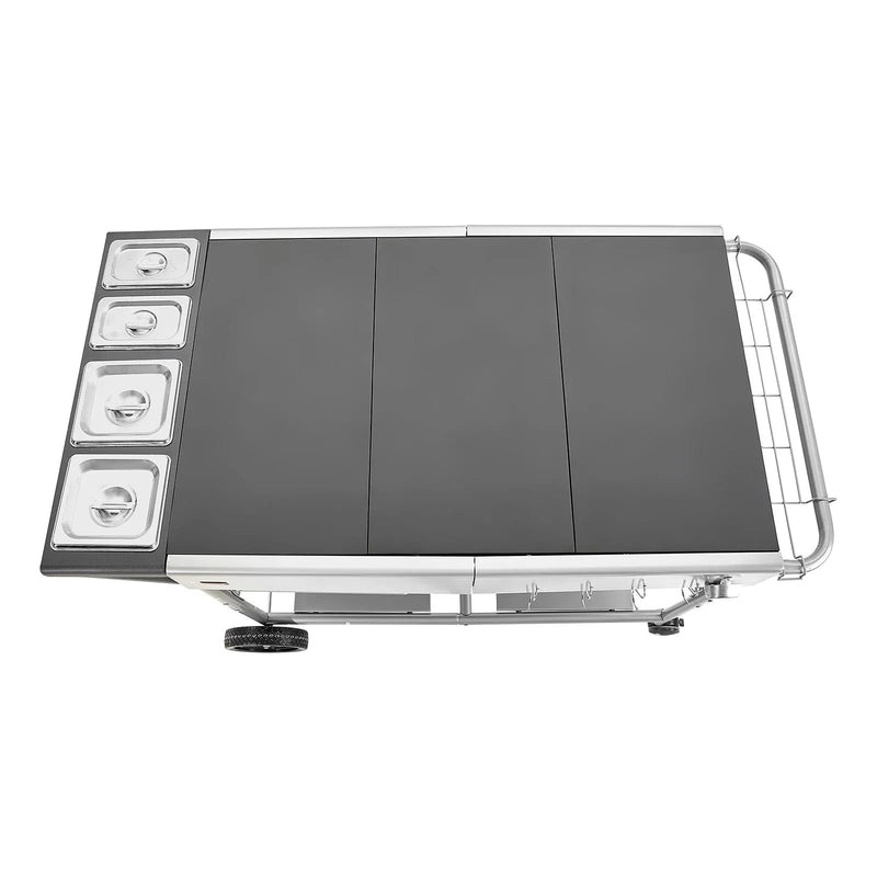 VEVOR āra grila galds uz riteņiem, 925 × 595 × 25 mm darba virsma, pārvietojams āra gatavošanas galds ar 4 garšvielu traukiem, vākiem, āķiem un riteņiem, BBQ sagatavošanai piknikam, virtuvei un pagalmam