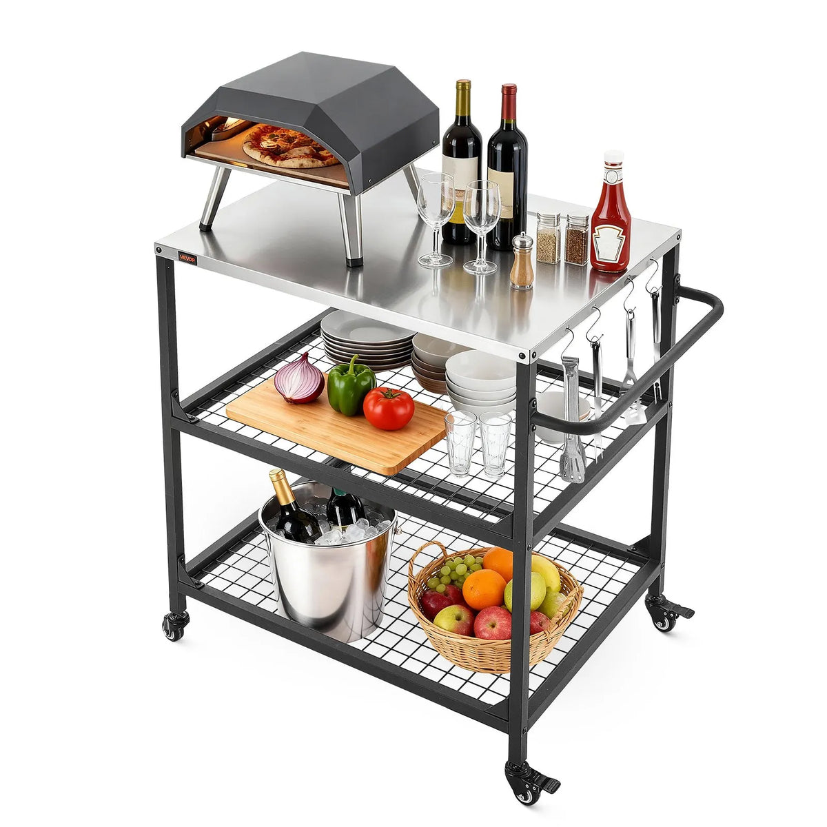 VEVOR Outdoor Grill Table on Wheels, 800 × 610 mm Stainless Steel Work Surface, Outdoor Prep Table with 4 Wheels and Side Handle, Two Mesh Shelves, BBQ Preparation for Patio and Garden