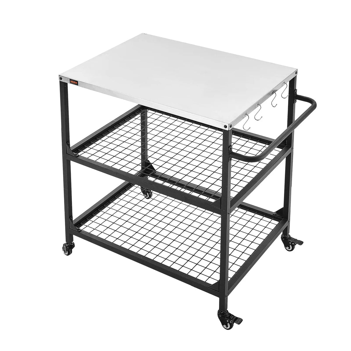 VEVOR Outdoor Grill Table on Wheels, 800 × 610 mm Stainless Steel Work Surface, Outdoor Prep Table with 4 Wheels and Side Handle, Two Mesh Shelves, BBQ Preparation for Patio and Garden