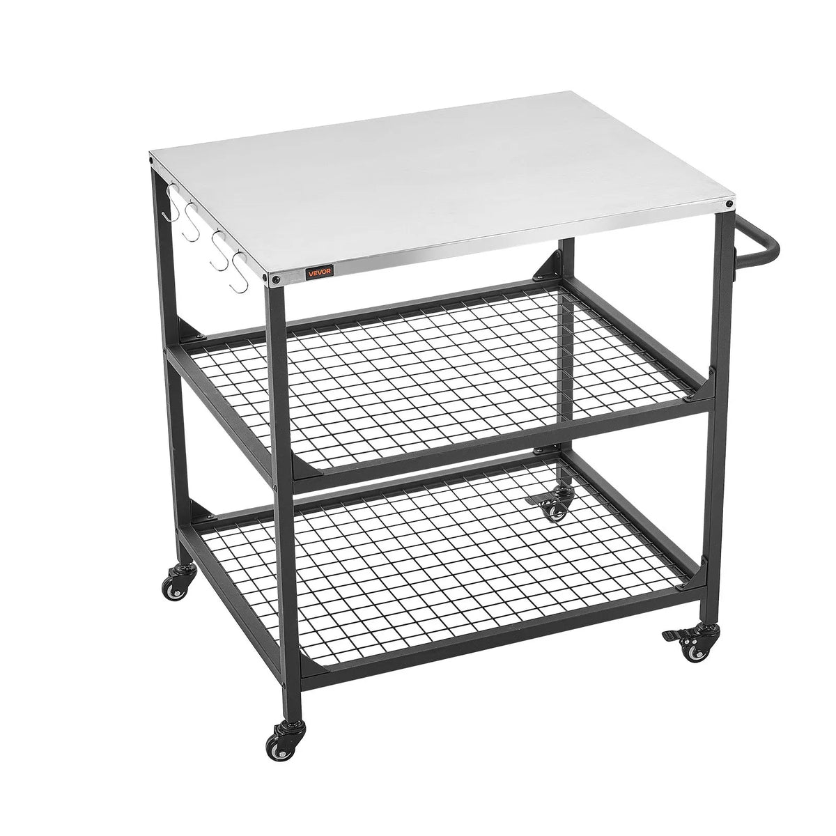 VEVOR Outdoor Grill Table on Wheels, 800 × 610 mm Stainless Steel Work Surface, Outdoor Prep Table with 4 Wheels and Side Handle, Two Mesh Shelves, BBQ Preparation for Patio and Garden