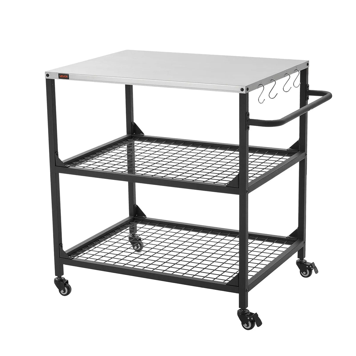 VEVOR Outdoor Grill Table on Wheels, 800 × 610 mm Stainless Steel Work Surface, Outdoor Prep Table with 4 Wheels and Side Handle, Two Mesh Shelves, BBQ Preparation for Patio and Garden