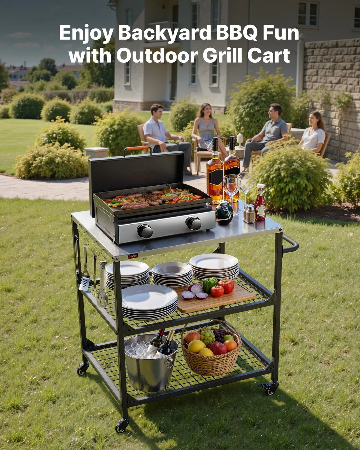 VEVOR Outdoor Grill Table on Wheels, 800 × 610 mm Stainless Steel Work Surface, Outdoor Prep Table with 4 Wheels and Side Handle, Two Mesh Shelves, BBQ Preparation for Patio and Garden