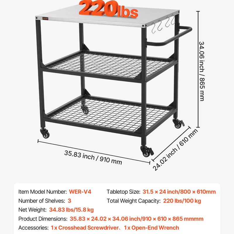 VEVOR āra grila galds uz riteņiem, 800 × 610 mm nerūsējošā tērauda darba virsma, āra gatavošanas galds ar 4 riteņiem un sānu rokturi, divi sieta plaukti, BBQ sagatavošanai terasei un dārzam