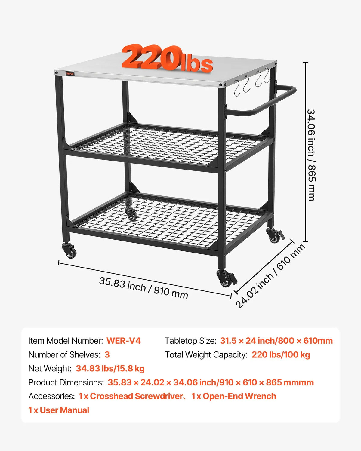 VEVOR Outdoor Grill Table on Wheels, 800 × 610 mm Stainless Steel Work Surface, Outdoor Prep Table with 4 Wheels and Side Handle, Two Mesh Shelves, BBQ Preparation for Patio and Garden