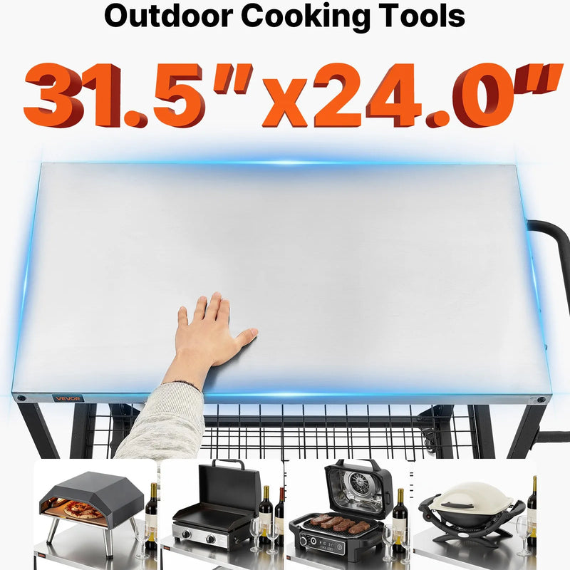 VEVOR āra grila galds uz riteņiem, 800 × 610 mm nerūsējošā tērauda darba virsma, āra gatavošanas galds ar 4 riteņiem un sānu rokturi, divi sieta plaukti, BBQ sagatavošanai terasei un dārzam