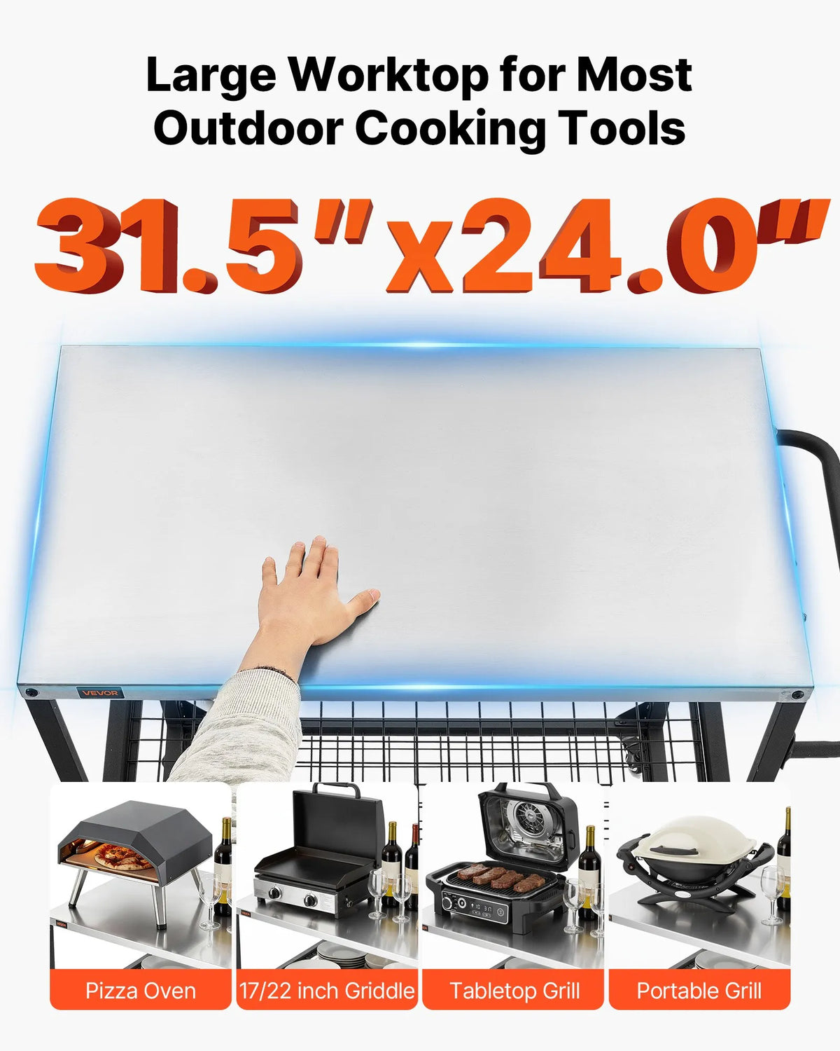 VEVOR Outdoor Grill Table on Wheels, 800 × 610 mm Stainless Steel Work Surface, Outdoor Prep Table with 4 Wheels and Side Handle, Two Mesh Shelves, BBQ Preparation for Patio and Garden