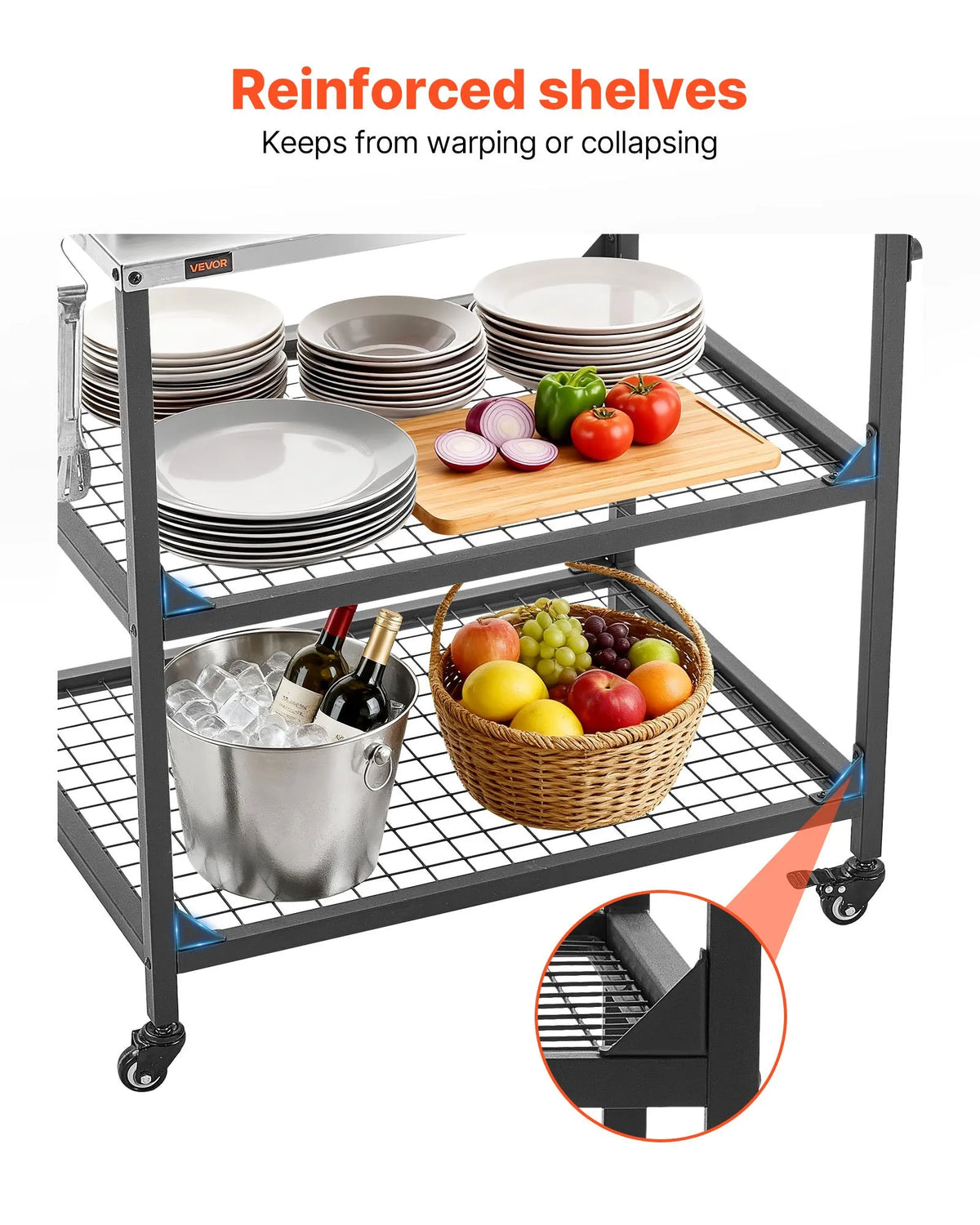 VEVOR Outdoor Grill Table on Wheels, 800 × 610 mm Stainless Steel Work Surface, Outdoor Prep Table with 4 Wheels and Side Handle, Two Mesh Shelves, BBQ Preparation for Patio and Garden