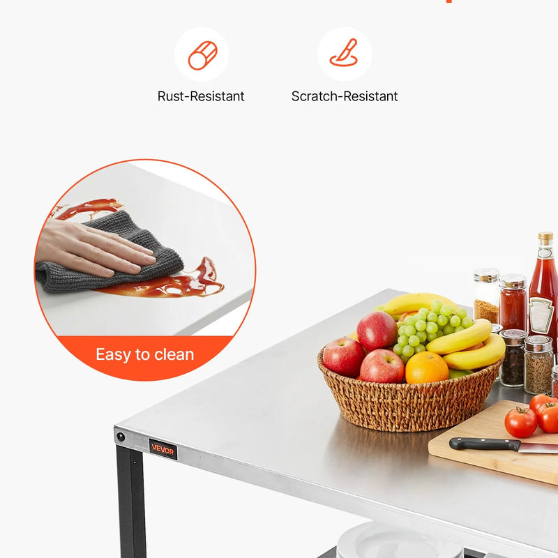 VEVOR āra grila galds uz riteņiem, 800 × 610 mm nerūsējošā tērauda darba virsma, āra gatavošanas galds ar 4 riteņiem un sānu rokturi, divi sieta plaukti, BBQ sagatavošanai terasei un dārzam