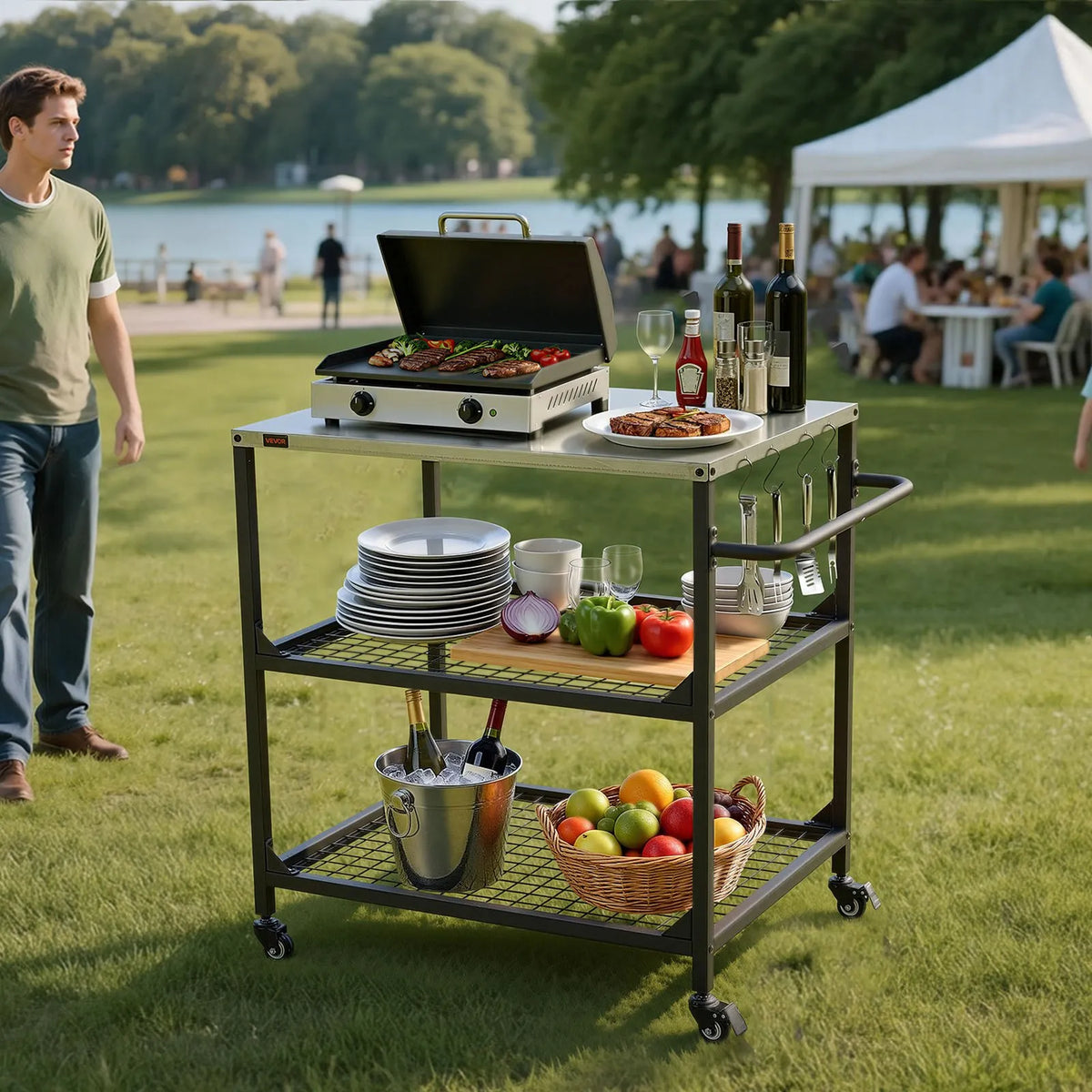 VEVOR Outdoor Grill Table on Wheels, 800 × 610 mm Stainless Steel Work Surface, Outdoor Prep Table with 4 Wheels and Side Handle, Two Mesh Shelves, BBQ Preparation for Patio and Garden