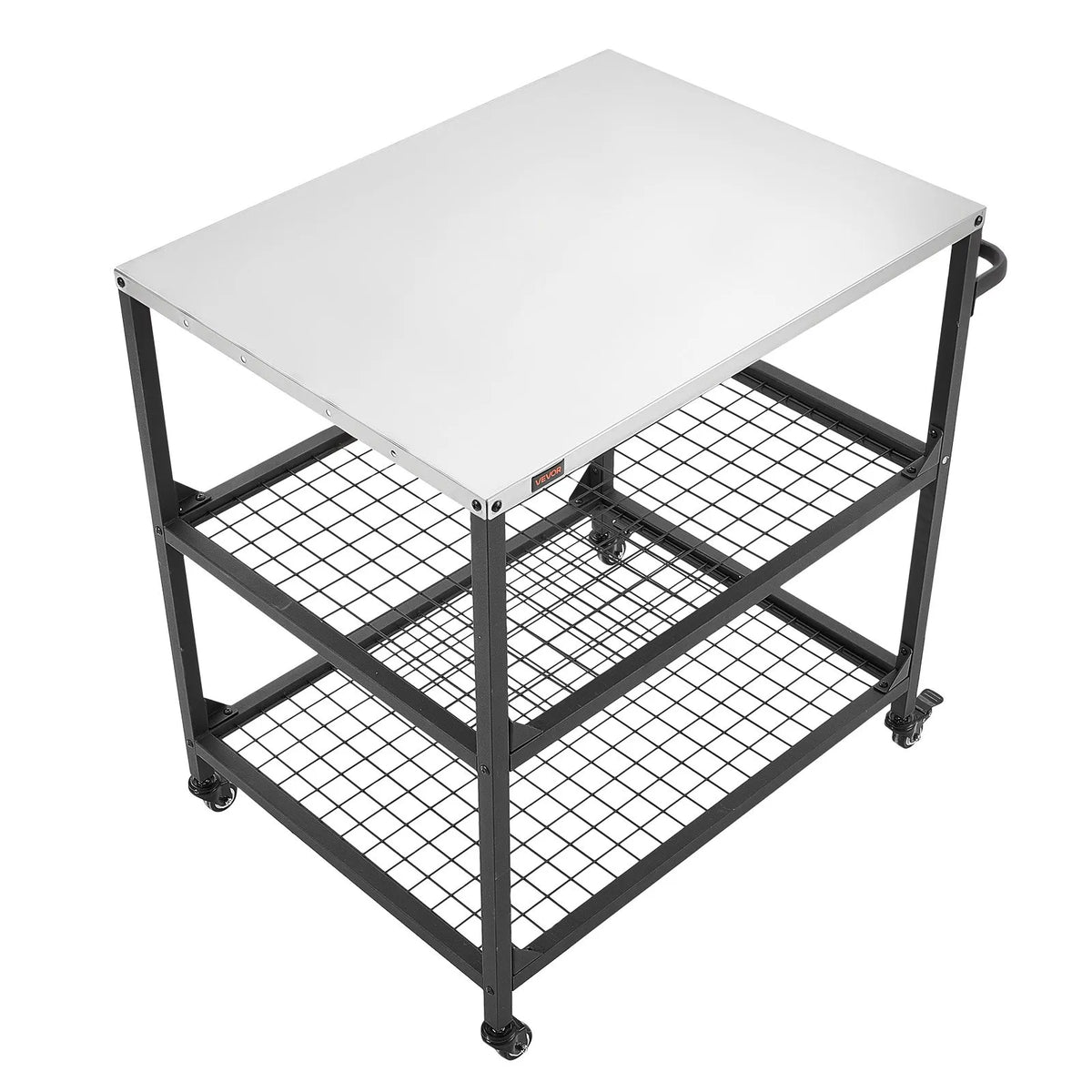 VEVOR Outdoor Grill Table on Wheels, 800 × 610 mm Stainless Steel Work Surface, Outdoor Prep Table with 4 Wheels and Side Handle, Two Mesh Shelves, BBQ Preparation for Patio and Garden