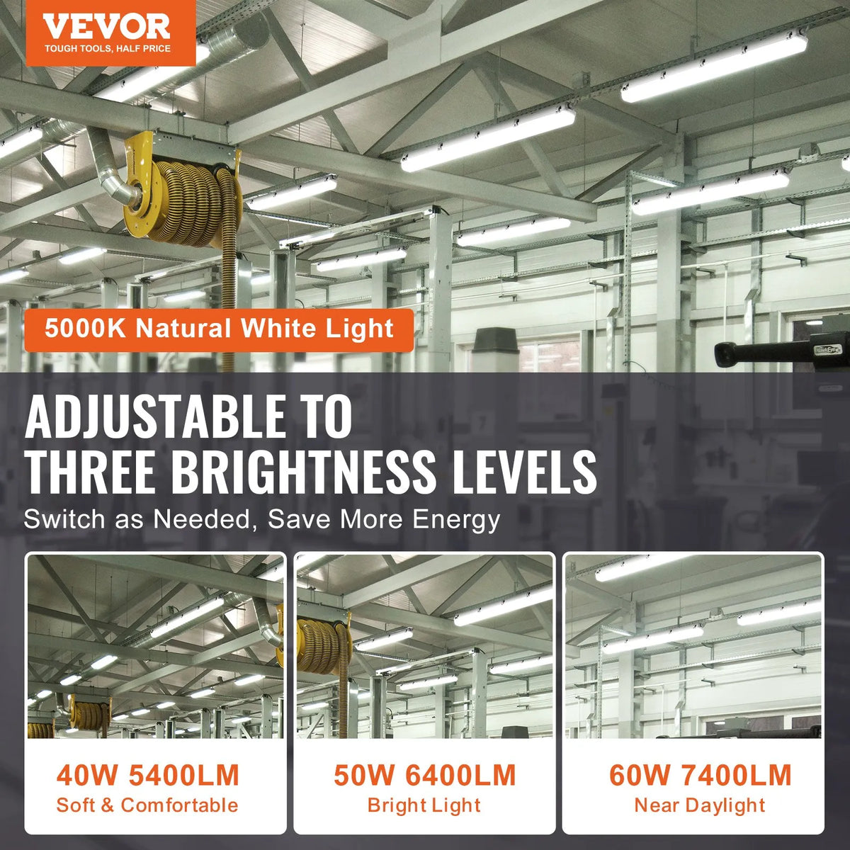 1270 mm LED Moisture-Proof Light Fixture, Selectable Power 60 W / 50 W / 40 W, 5000 K, Adjustable Luminous Flux 5400 / 6400 / 7400 lm, IP65 Waterproof, Suitable for Car Parks, Warehouses, Freezers, Car Washes, Pack of 4