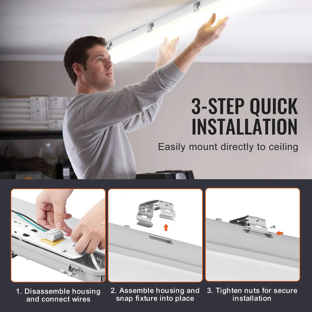1270 mm LED Moisture-Proof Light Fixture, Selectable Power 60 W / 50 W / 40 W, 5000 K, Adjustable Luminous Flux 5400 / 6400 / 7400 lm, IP65 Waterproof, Suitable for Car Parks, Warehouses, Freezers, Car Washes, Pack of 4
