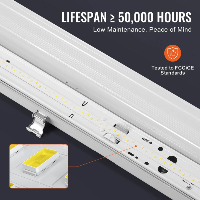 1270 mm  LED mitrumdrošais gaismeklis, jauda izvēlei 60 W / 50 W / 40 W, 5000 K, gaismas plūsma regulējama 5400 / 6400 / 7400 lm, IP65 ūdensizturīgs, piemērots stāvvietām, noliktavām, saldētavām, automazgātavām, komplektā 4 gab.