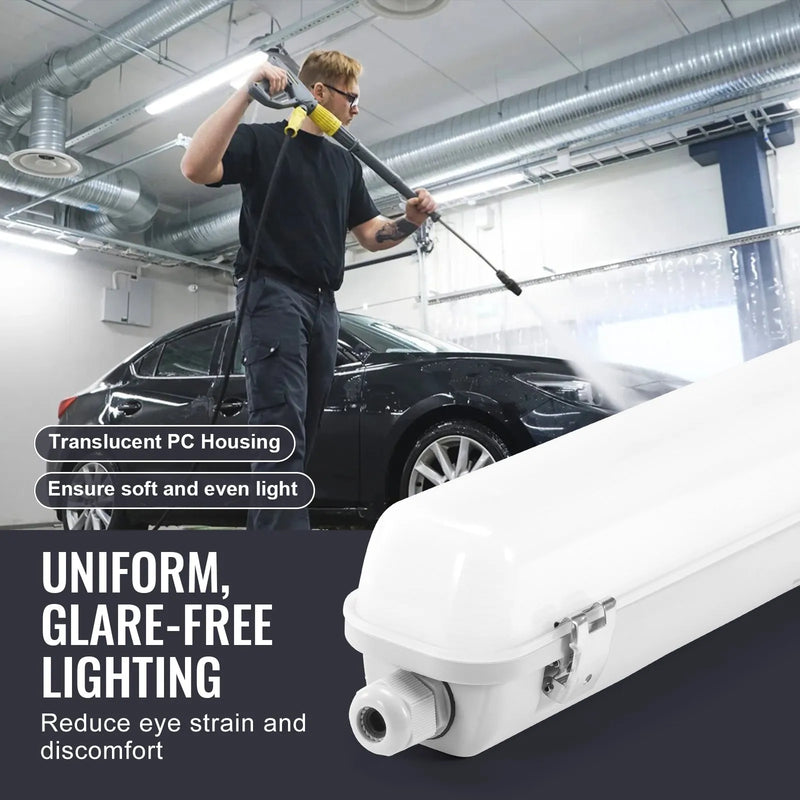 1270 mm  LED mitrumdrošais gaismeklis, jauda izvēlei 60 W / 50 W / 40 W, 5000 K, gaismas plūsma regulējama 5400 / 6400 / 7400 lm, IP65 ūdensizturīgs, piemērots stāvvietām, noliktavām, saldētavām, automazgātavām, komplektā 4 gab.