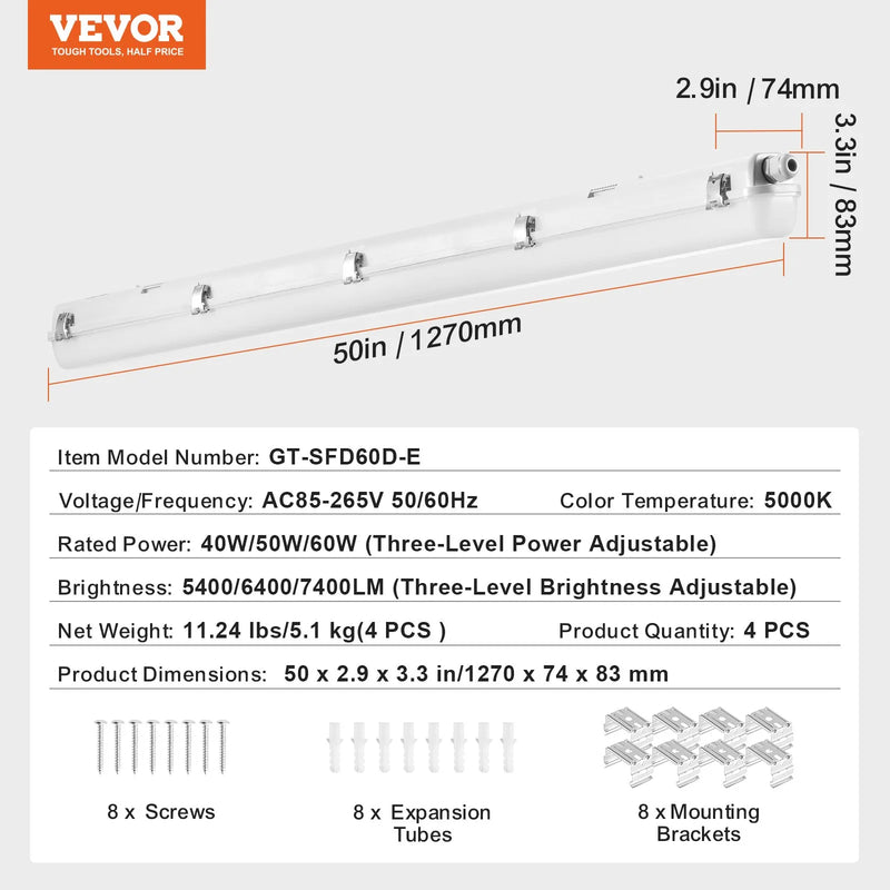 1270 mm  LED mitrumdrošais gaismeklis, jauda izvēlei 60 W / 50 W / 40 W, 5000 K, gaismas plūsma regulējama 5400 / 6400 / 7400 lm, IP65 ūdensizturīgs, piemērots stāvvietām, noliktavām, saldētavām, automazgātavām, komplektā 4 gab.