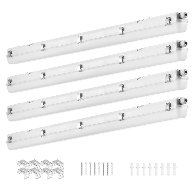 1270 mm  LED mitrumdrošais gaismeklis, jauda izvēlei 60 W / 50 W / 40 W, 5000 K, gaismas plūsma regulējama 5400 / 6400 / 7400 lm, IP65 ūdensizturīgs, piemērots stāvvietām, noliktavām, saldētavām, automazgātavām, komplektā 4 gab.