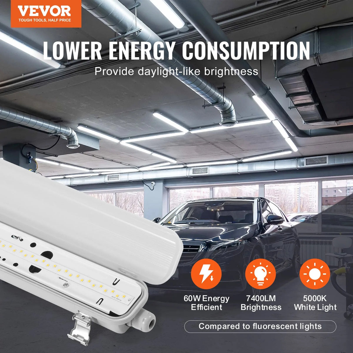 1270 mm LED moisture-proof light fixture, 60 W, 7400 lm, 5000 K, IP65 waterproof, suitable for outdoor, semi-outdoor and cold environments – car parks, warehouses, freezers, car washes, pack of 4