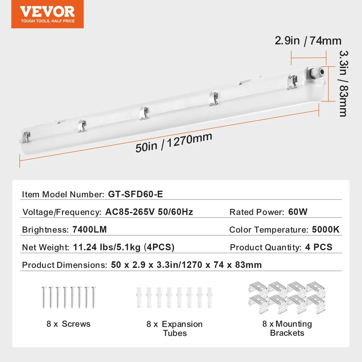 1270 mm LED moisture-proof light fixture, 60 W, 7400 lm, 5000 K, IP65 waterproof, suitable for outdoor, semi-outdoor and cold environments – car parks, warehouses, freezers, car washes, pack of 4