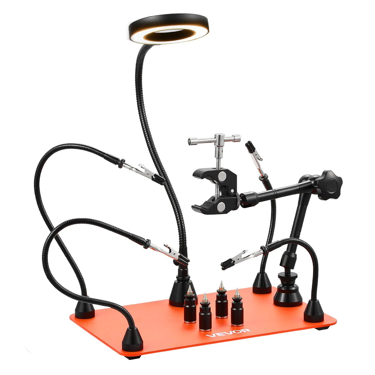 VEVOR Magnetic Soldering Station with Third Hand, 3× LED Magnifying Glass, 4 PCB Holders and Hot Air Gun Holder, Heavy Base