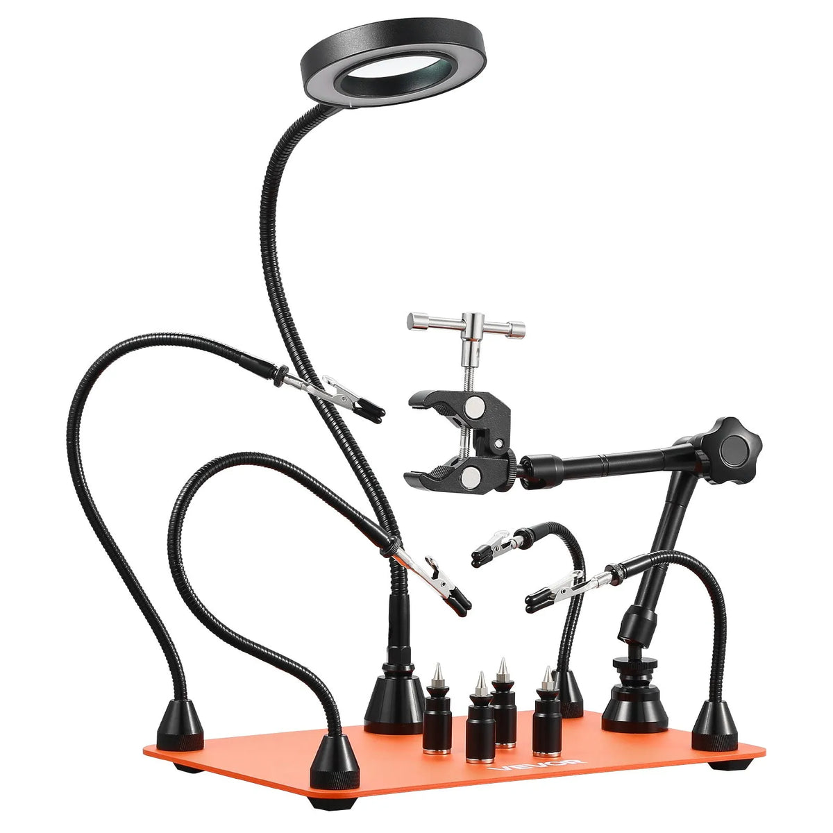 VEVOR Magnetic Soldering Station with Third Hand, 3× LED Magnifying Glass, 4 PCB Holders and Hot Air Gun Holder, Heavy Base