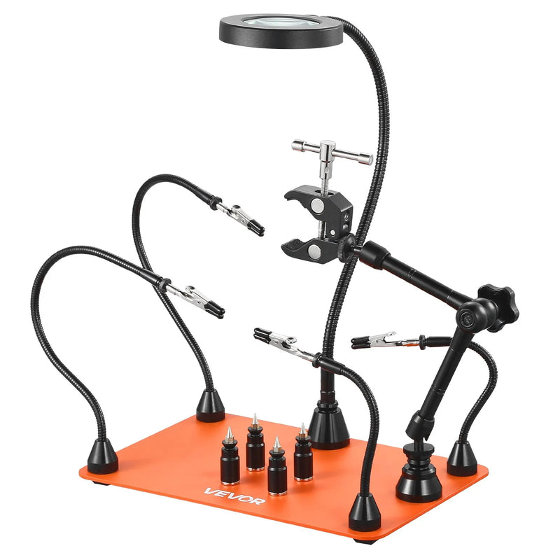 Magnētiskā lodēšanas stacija ar trešo roku, 3× LED palielināmo lampu, 4 PCB turētājiem un 360° karstā gaisa pistoles turētāju, smagas bāzes modelis elektroniķu darbiem
