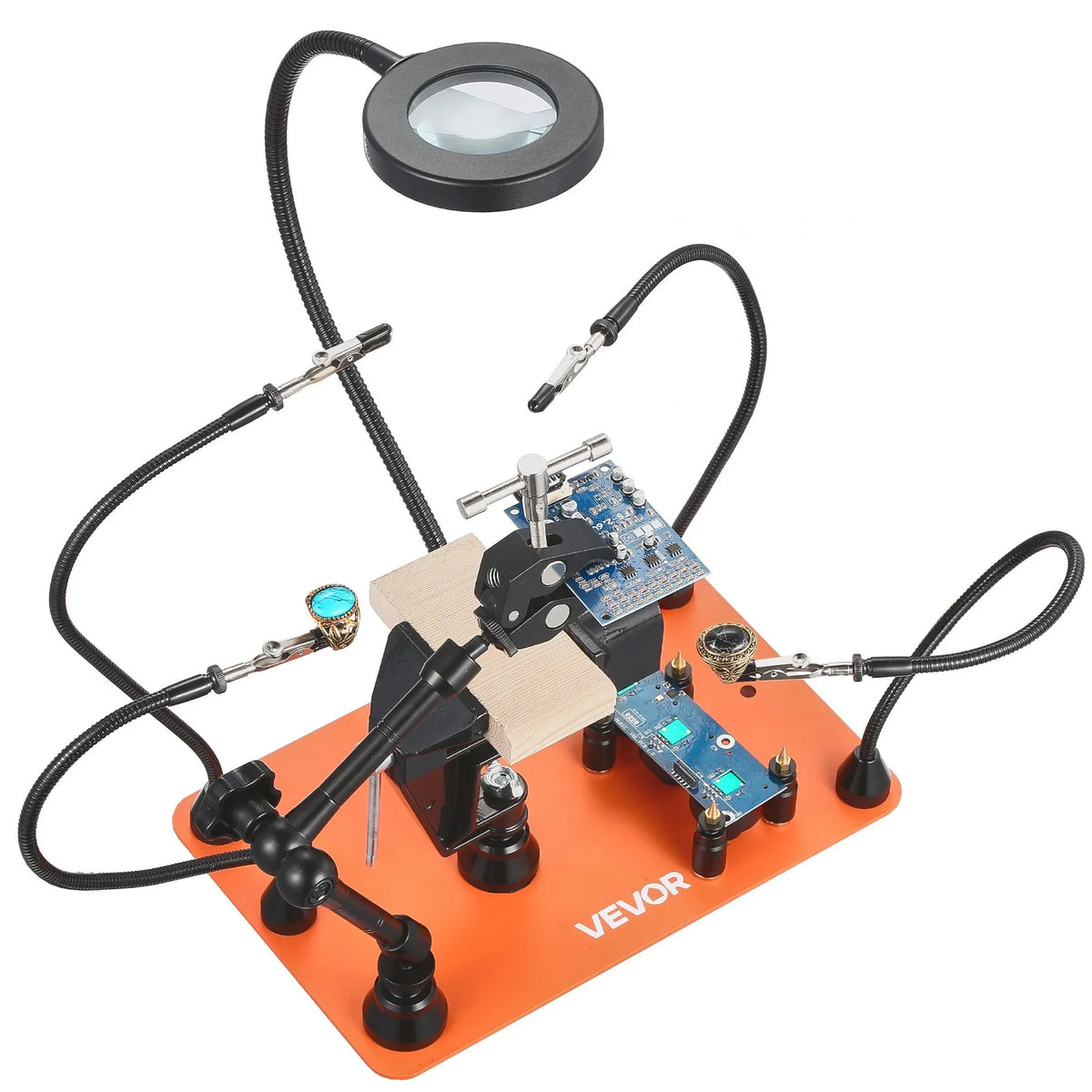 VEVOR Magnetic Soldering Station with Third Hand, 3× LED Magnifying Glass, 4 PCB Holders and Hot Air Gun Holder, Heavy Base