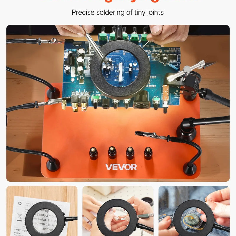 Magnētiskā lodēšanas stacija ar trešo roku, 3× LED palielināmo lampu, 4 PCB turētājiem un 360° karstā gaisa pistoles turētāju, smagas bāzes modelis elektroniķu darbiem