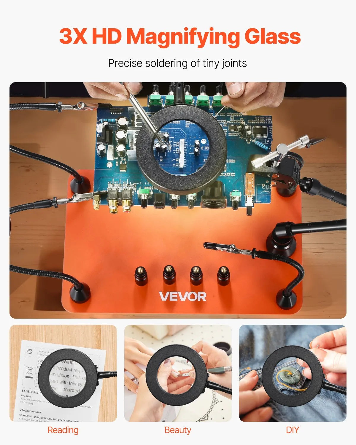 VEVOR Magnetic Soldering Station with Third Hand, 3× LED Magnifying Glass, 4 PCB Holders and Hot Air Gun Holder, Heavy Base