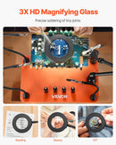 Magnētiskā lodēšanas stacija ar trešo roku, 3× LED palielināmo lampu, 4 PCB turētājiem un 360° karstā gaisa pistoles turētāju, smagas bāzes modelis elektroniķu darbiem